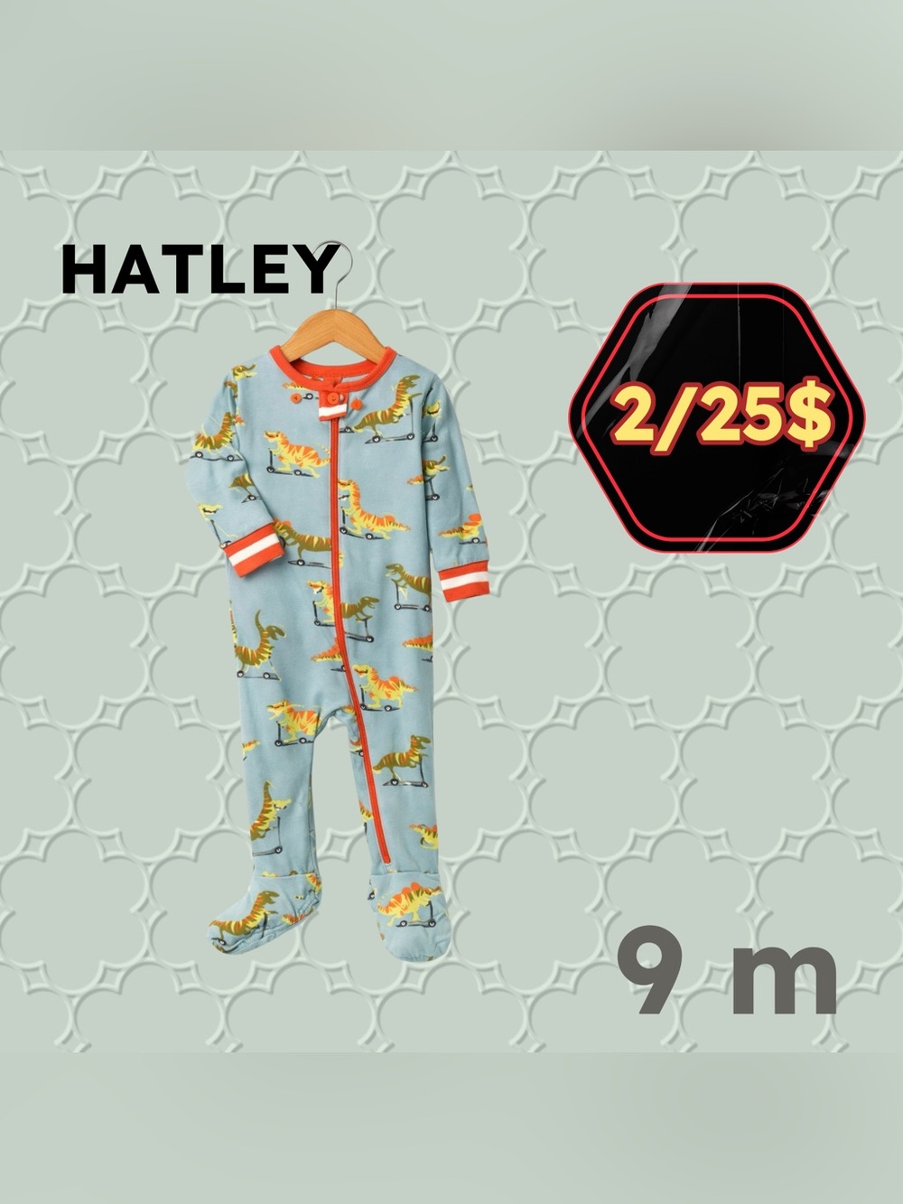 🌙 2/25$ 🇨🇦👍GUC HATLEY | 9 m | Playful Unisex Blue Dino Print Footed Pyjamas*